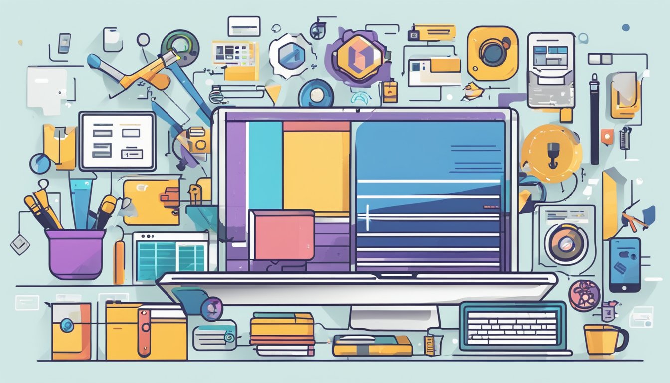 A laptop surrounded by various tools, symbols, and icons representing different web development alternatives