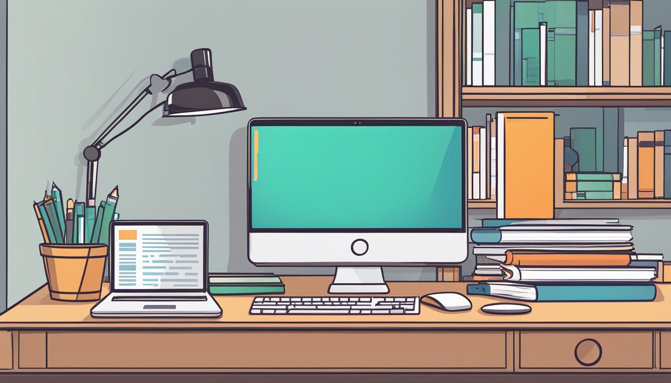 A desk with a computer, notebook, and pen.</p><p>The computer screen displays the SEMrush SEO Writing Assistant.</p><p>A bookshelf filled with SEO and content writing books in the background