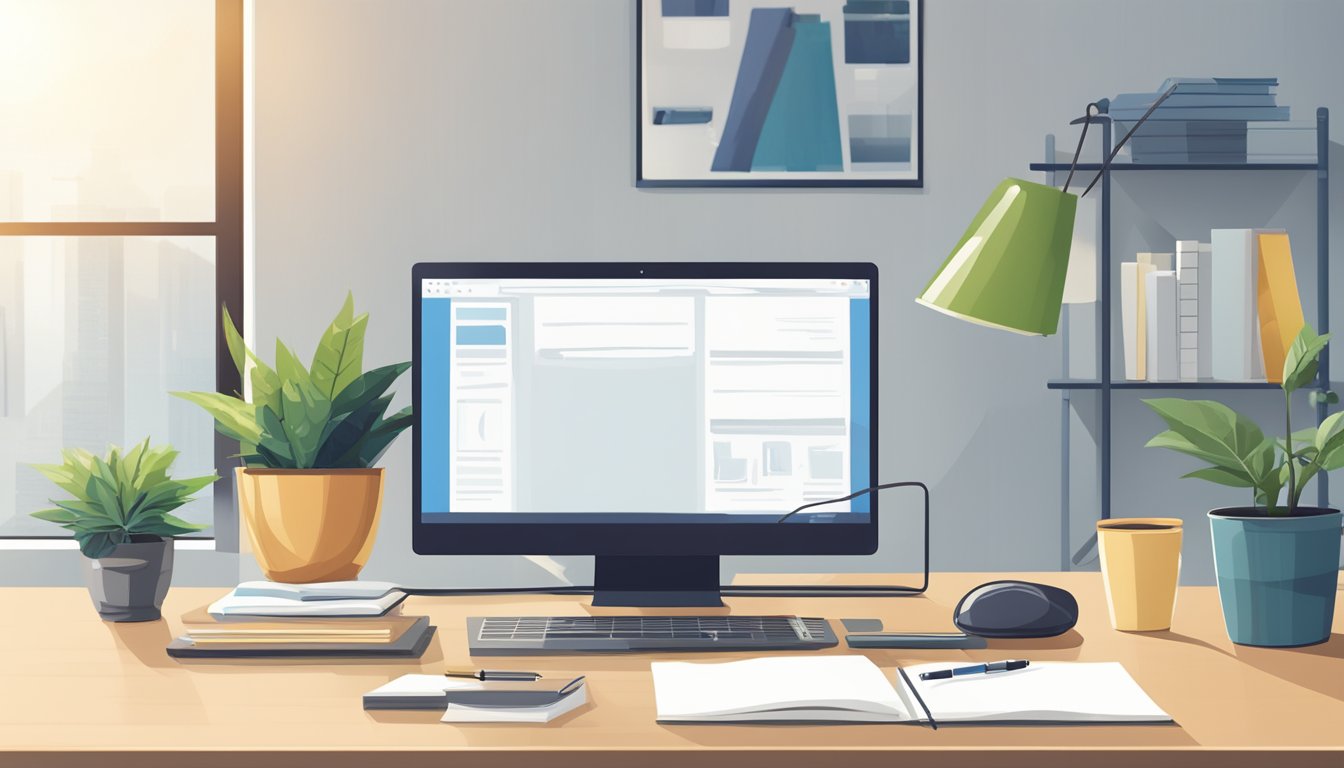 A desk with a computer, notebook, and pen.</p><p>A web development book, coffee mug, and plant sit nearby.</p><p>The room is well-lit with natural light