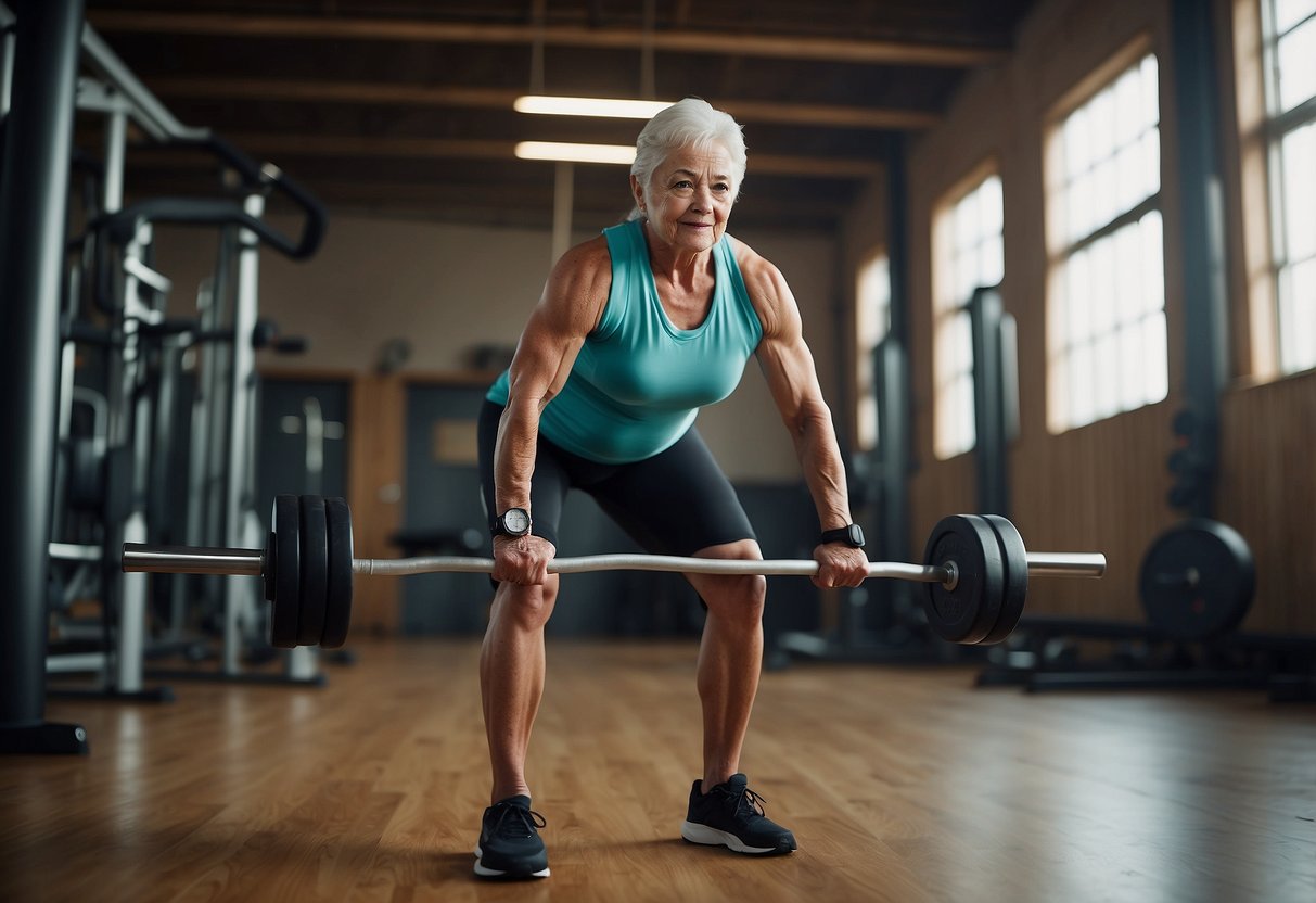 An elderly person lifting weights with a stable stance, demonstrating improved balance through strength training