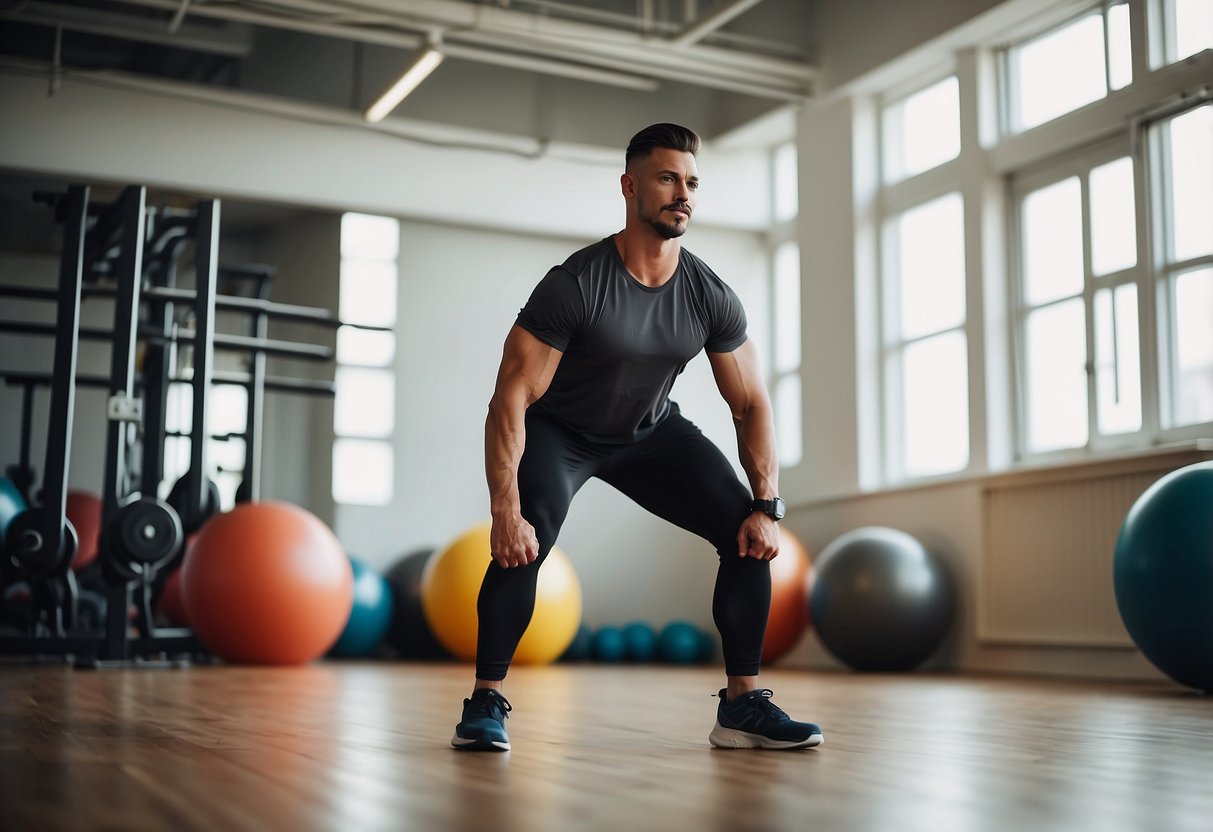 A person lifting weights while standing on one leg, with a stability ball nearby