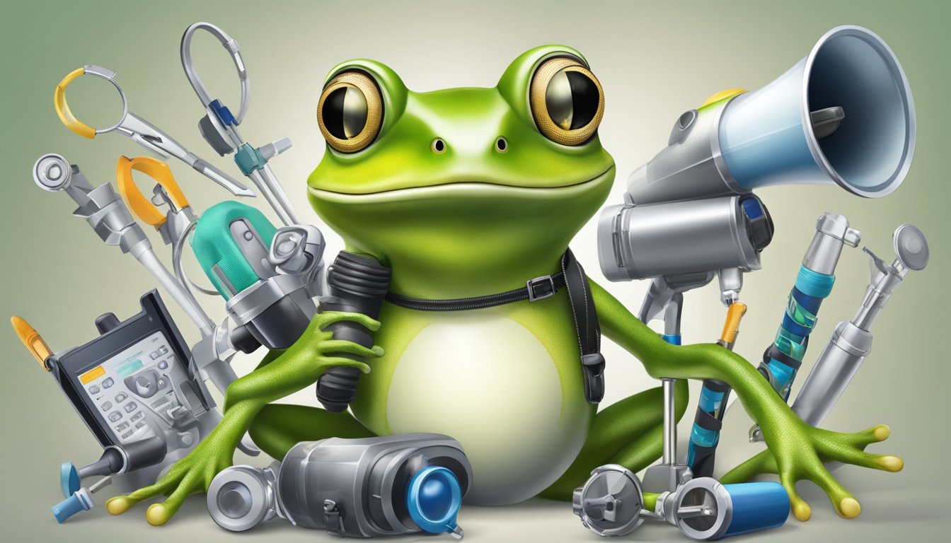 A frog with a megaphone surrounded by eight different link-checking tools