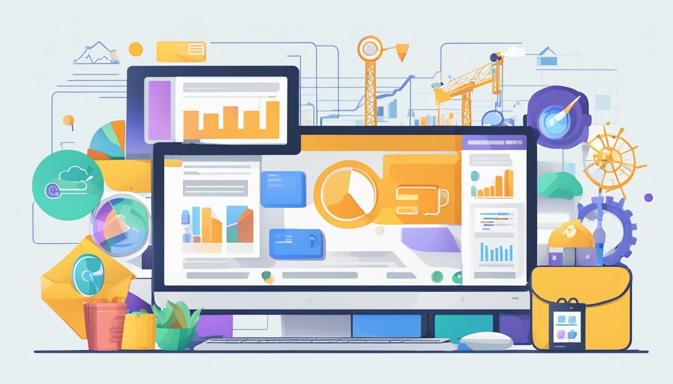 A computer screen showing 7 icons representing alternative SEO packs, surrounded by various digital marketing tools and graphs