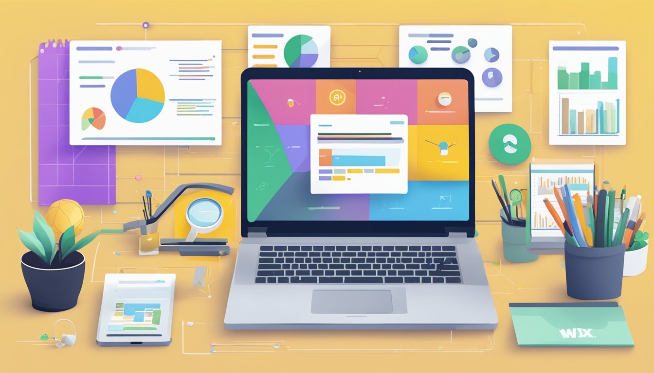 A laptop displaying Wix SEO Wiz alternatives, surrounded by SEO tools and charts