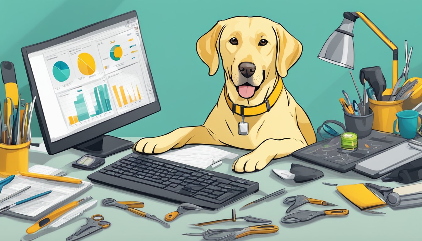 A yellow Labrador retriever surrounded by various tools, with a computer screen displaying "The 5 Best Alternatives to PageSpeed Insights" on a desk