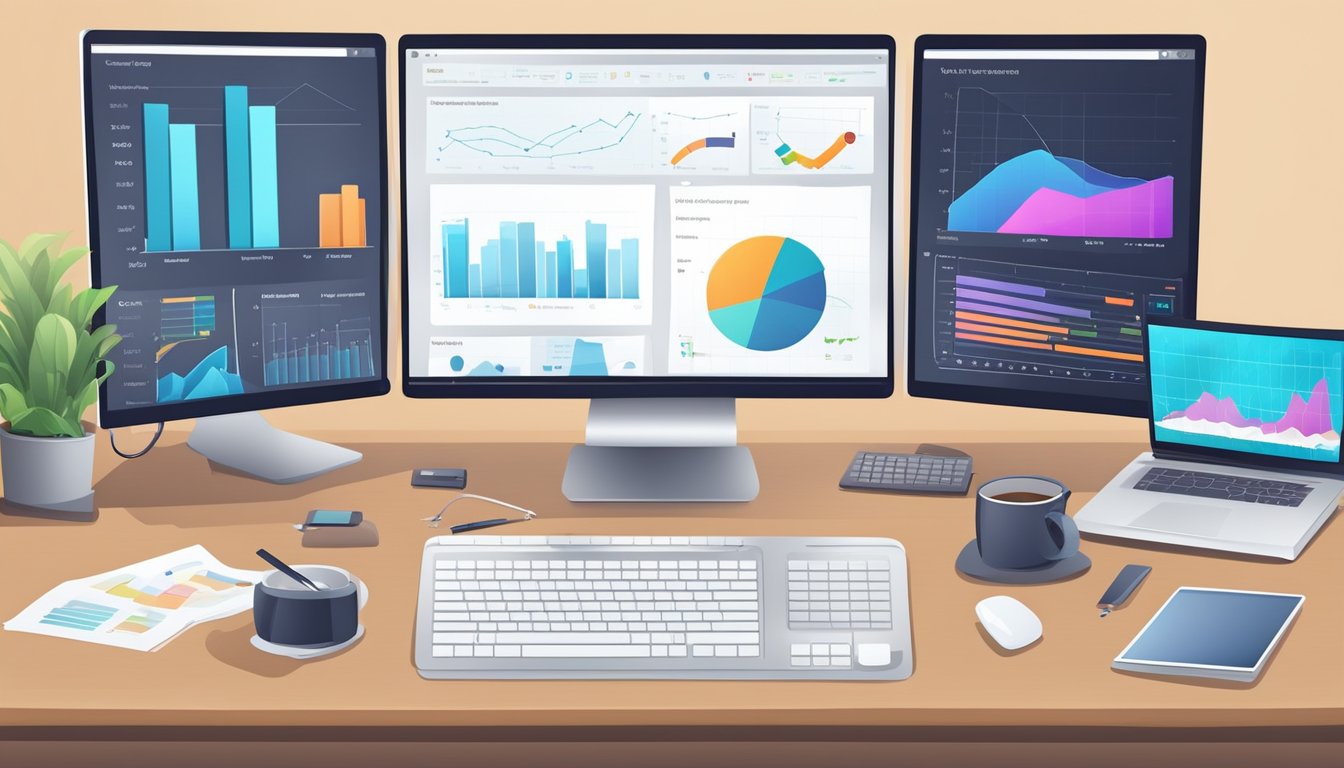 A desk with a computer displaying performance tools and alternative options.</p><p>Charts and graphs showing data.</p><p>No human subjects or body parts