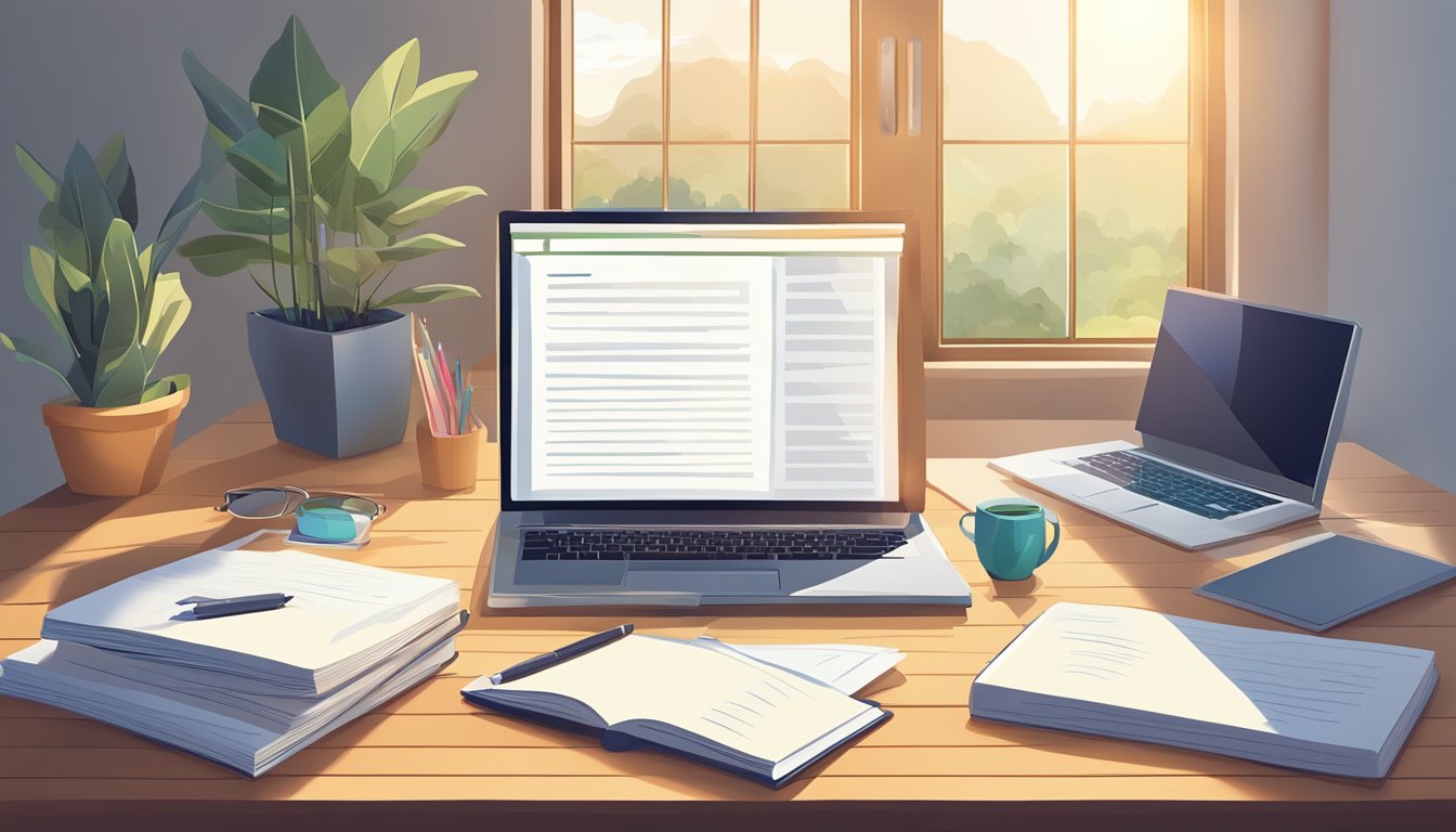 A desk with a computer, notebook, and pen.</p><p>A stack of SEO books and a list of alternative tools.</p><p>Bright, natural light streaming in through a window