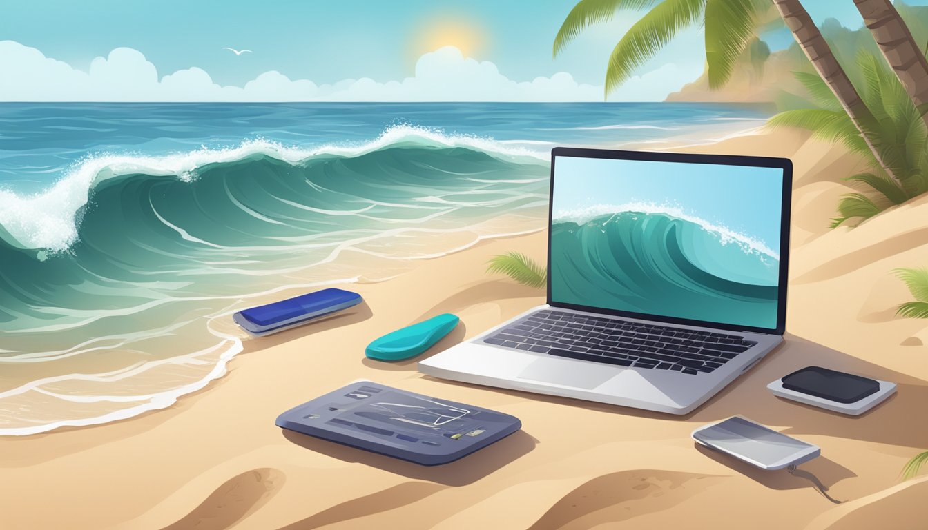 A beach with waves breaking on the shore, a surfboard lying on the sand, and a laptop open with various SEO tools on the screen