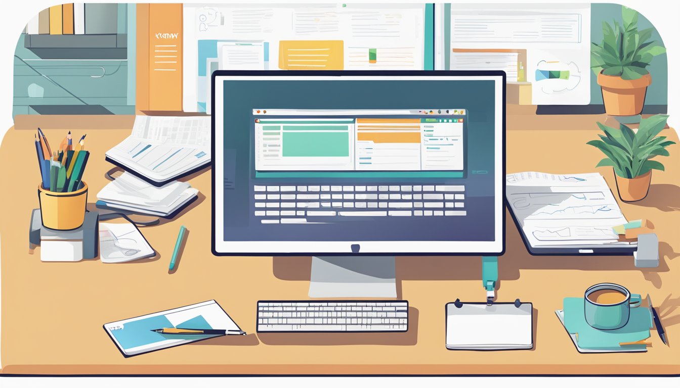 A desk with a computer showing KWFinder and 7 alternative SEO manager tools on the screen.</p><p>A notepad with notes and a pen next to the computer