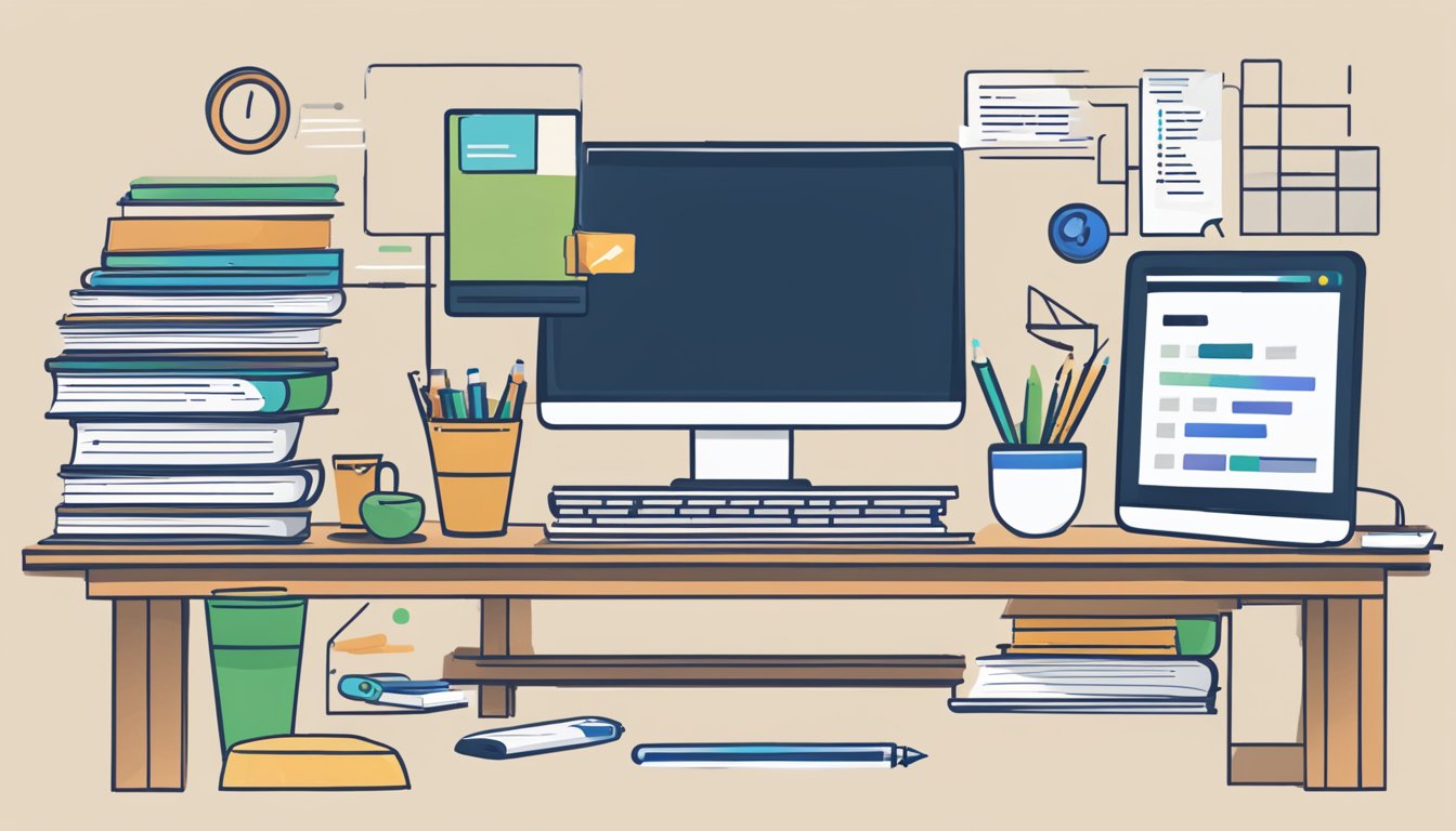 A desk with a computer, notebook, and pen.</p><p>A stack of SEO management books and a list of "7 Best Alternatives to SEO Manager" on the screen