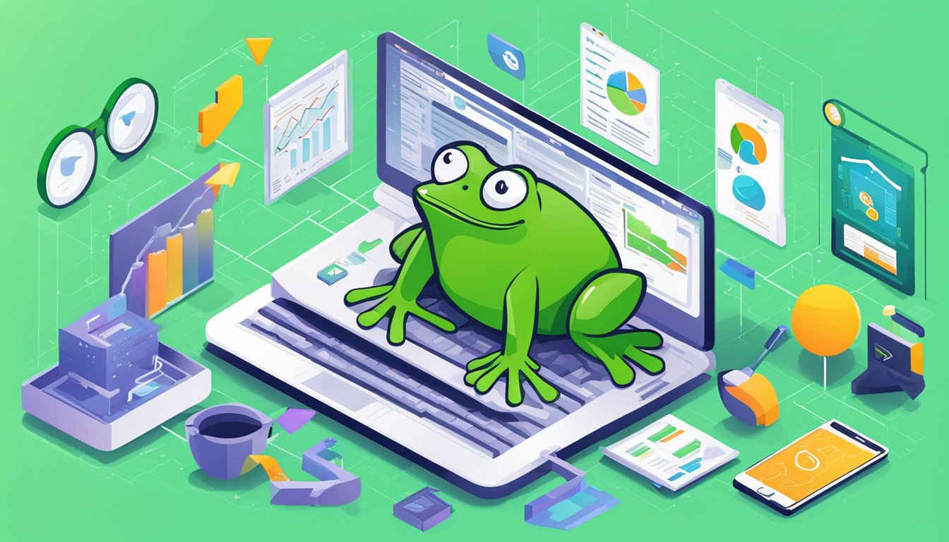 A computer screen displays six alternative tools to Screaming Frog, surrounded by various SEO-related items like keywords, graphs, and website analytics