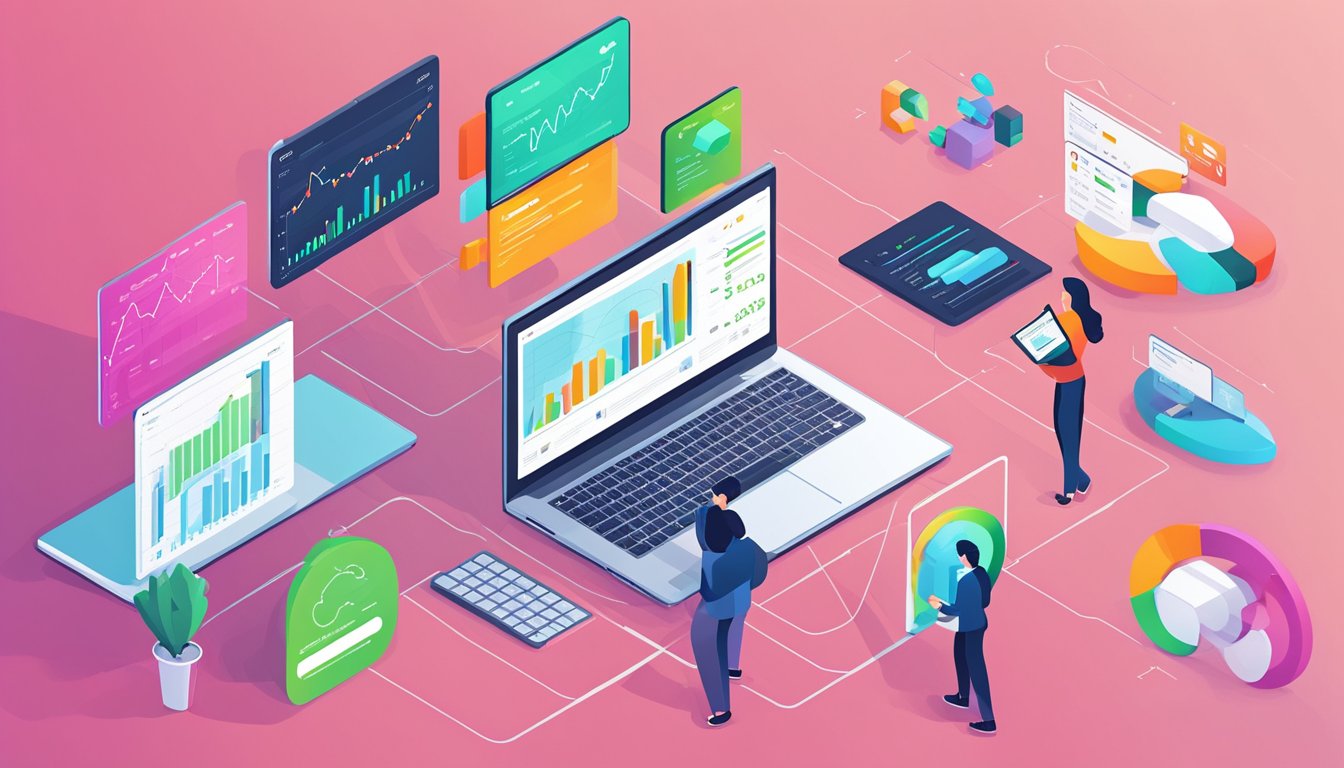 A laptop displaying a comparison chart of "Semrush Site Audit" and "6 Best Alternatives to Screaming Frog" with colorful graphs and data visualizations