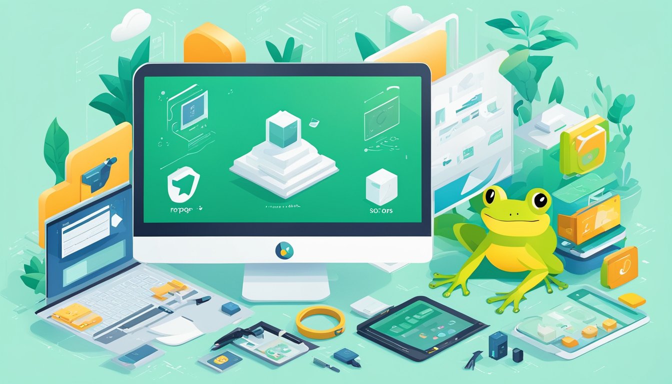 A computer screen displaying Moz Pro and 6 alternative software options, with a frog mascot and various tool icons