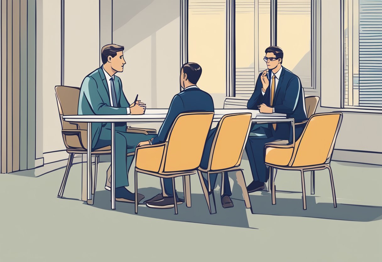 A job interview setting with a table, chairs, and a nervous candidate