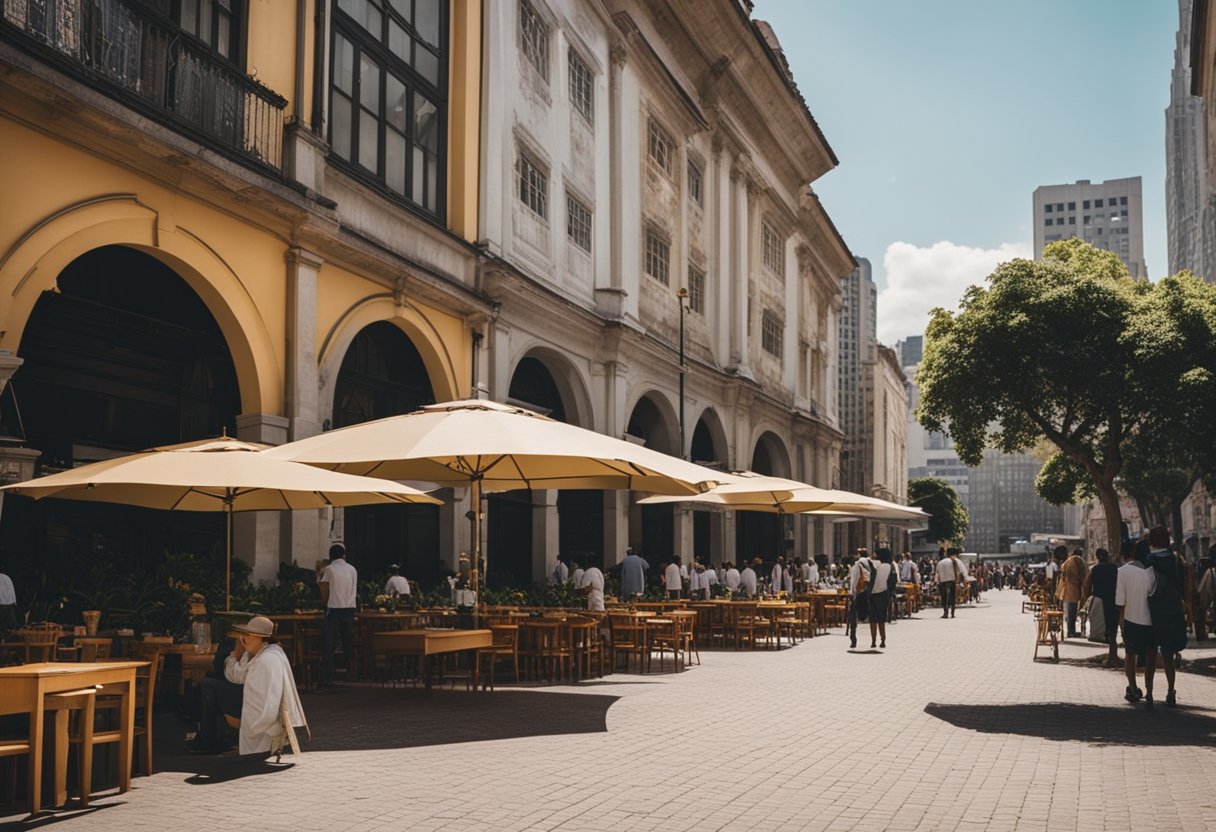 A bustling city square with historical buildings, a vibrant cultural center, and a mix of modern and traditional architecture in São Paulo. pontos turísticos