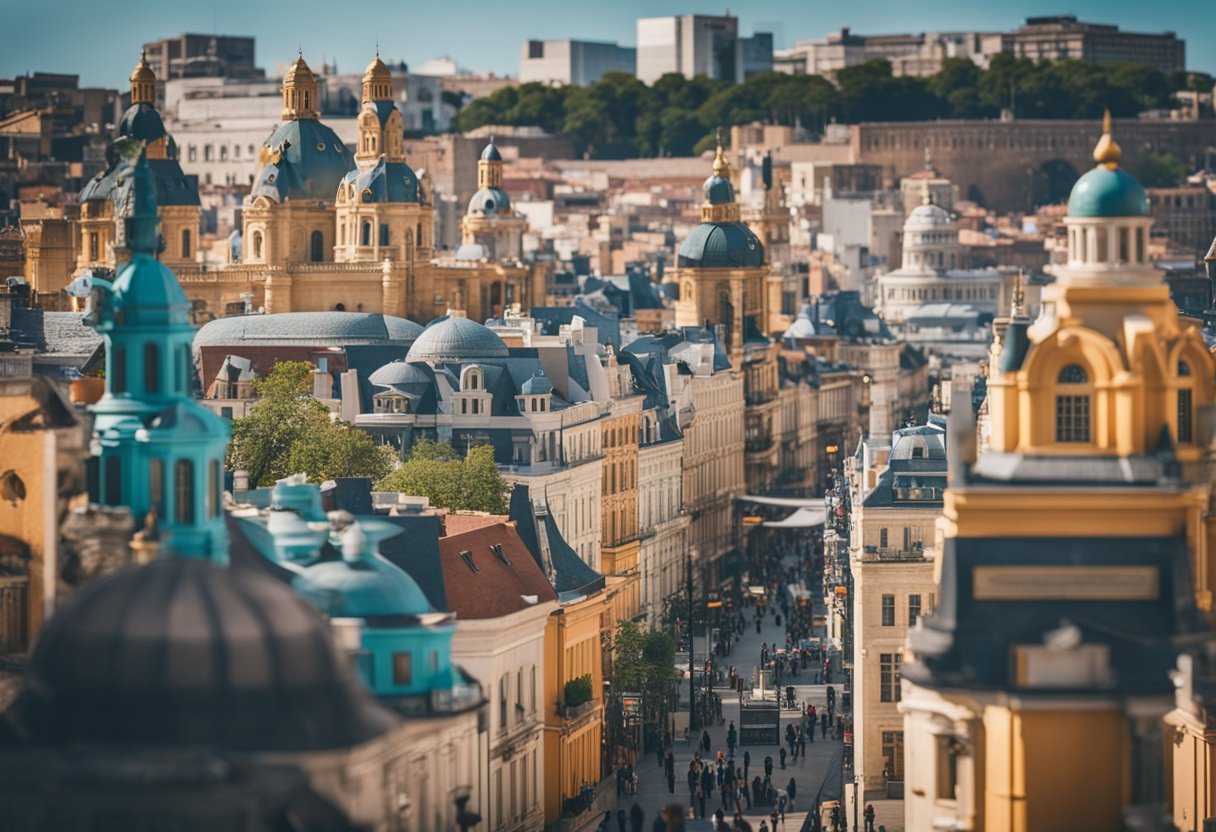 A bustling street lined with colorful buildings and bustling with tourists, with a prominent museum and art gallery in the background