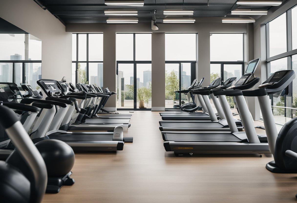 A bright and airy gym studio with exercise equipment arranged in an inviting and organized manner, with a clear path for beginners to follow