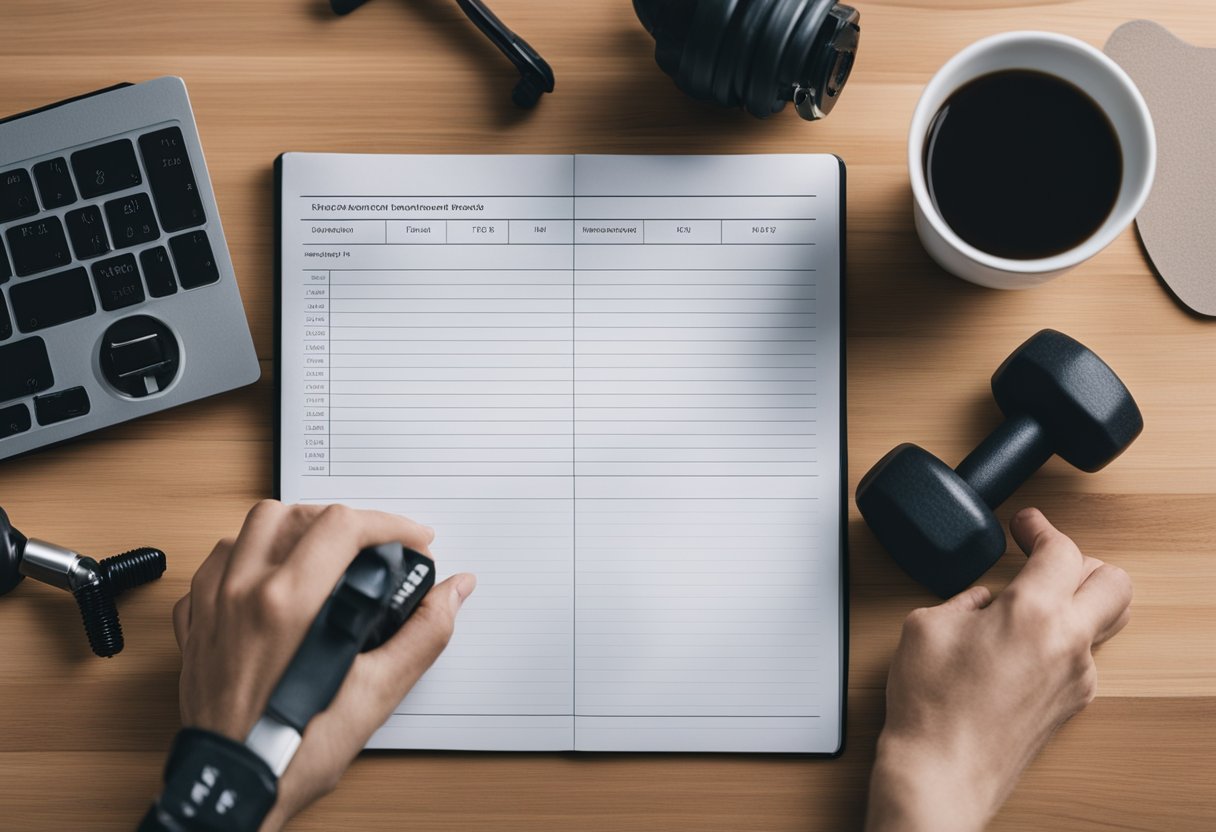 A person sits at a desk with a notebook, pen, and fitness equipment. They are brainstorming and planning a beginner's workout routine