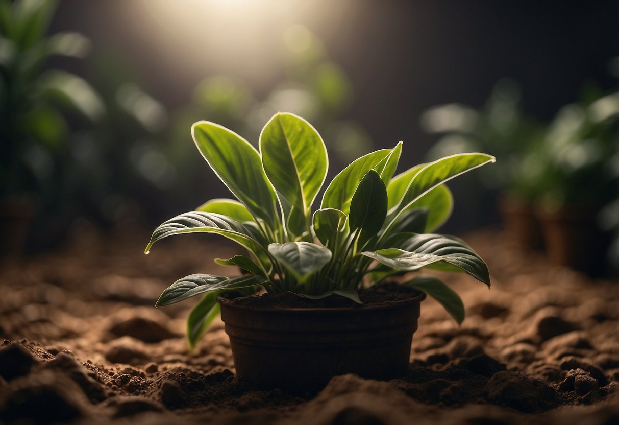 A prayer plant wilting in a dimly lit room, surrounded by dry soil and drooping leaves