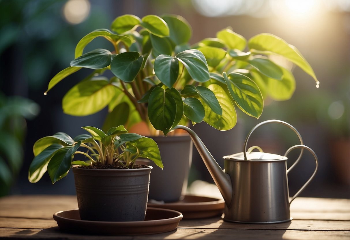 A drooping prayer plant sits in a dry pot, while a watering can hovers above, struggling to revive the wilting leaves