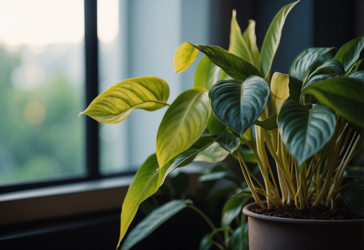 A prayer plant wilting in a dimly lit room, surrounded by yellowing leaves and drooping stems