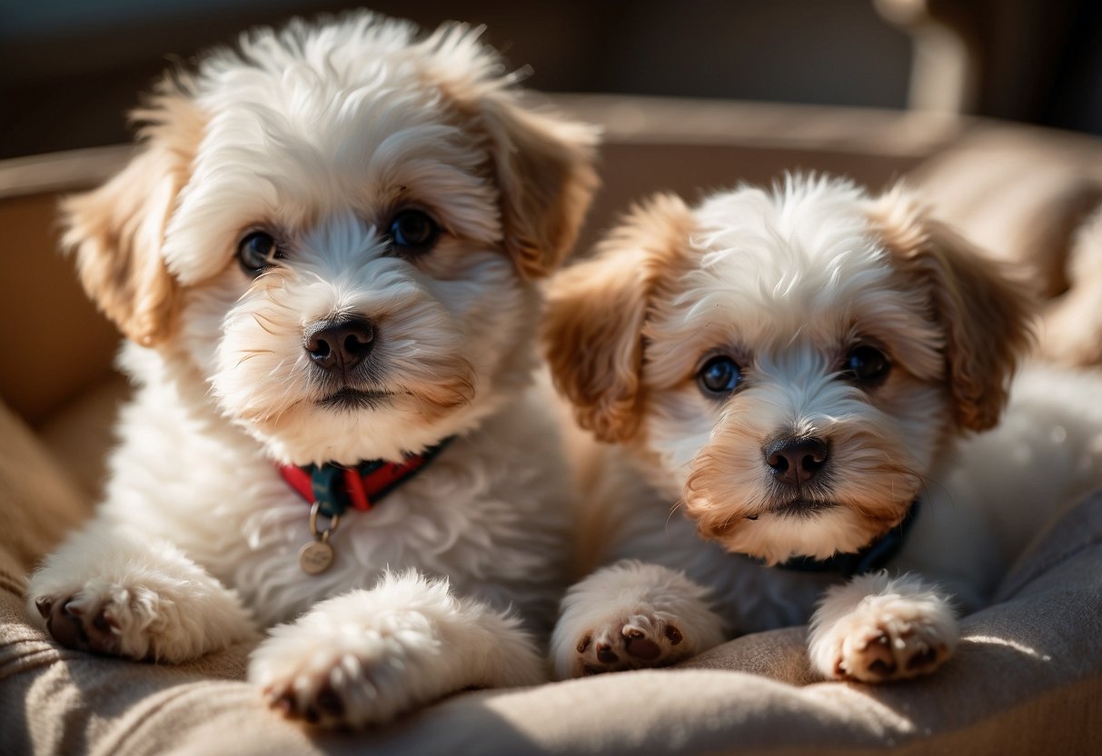 A bichon frise mother nursing her puppies in a cozy, sunlit whelping box