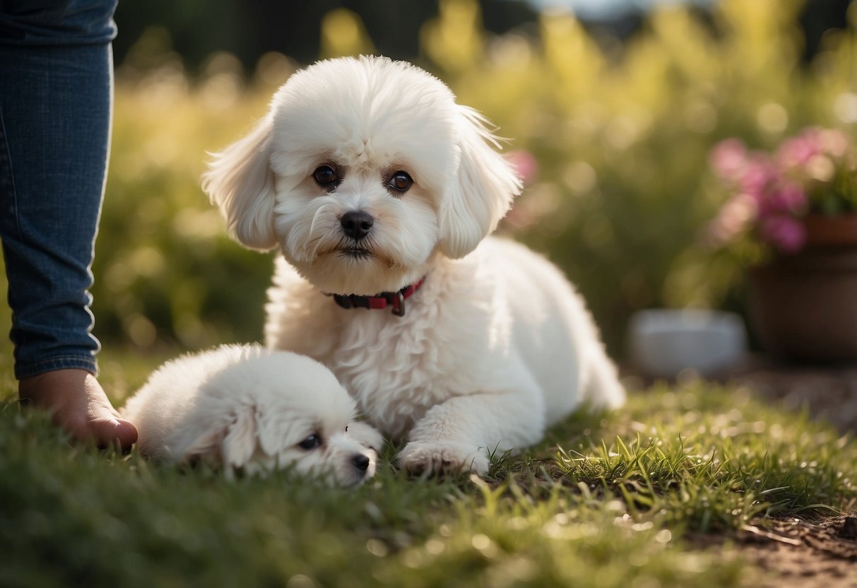 A bichon frise mother tenderly cares for her newborn puppies in a cozy, well-lit breeding area