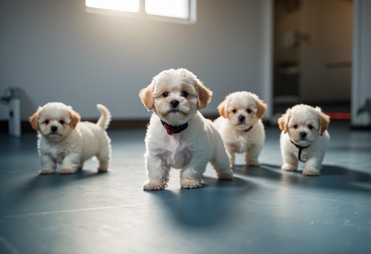 Bichon Frise puppies play in a spacious, clean and well-lit breeding facility, with their parents nearby