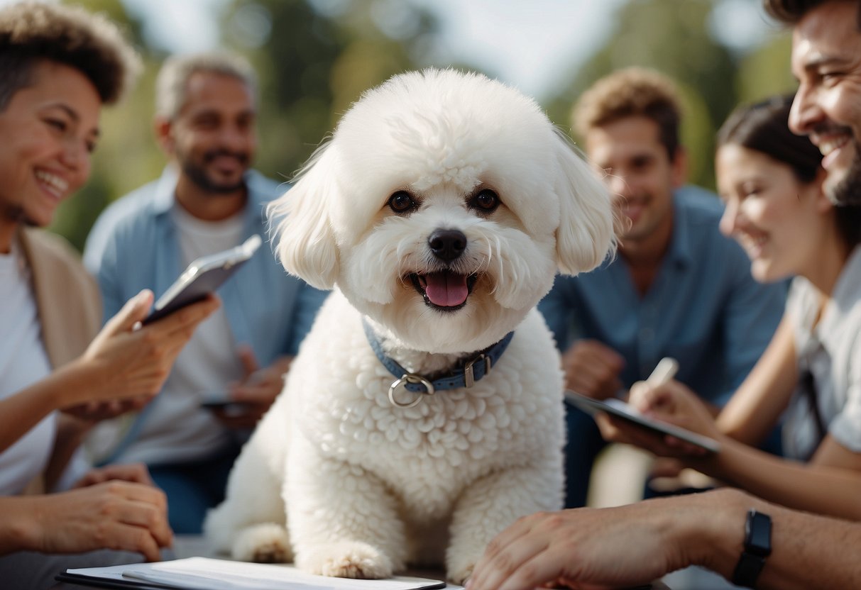 A bichon frise surrounded by a group of people, with one person holding a clipboard and answering questions. The dogs are playful and friendly, creating a lively atmosphere