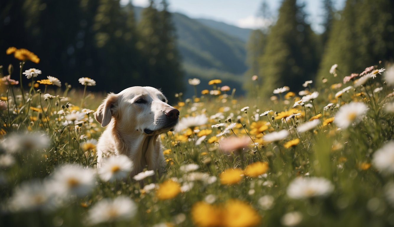 A serene landscape with a personified nose breathing in fresh air through a peaceful forest, surrounded by vibrant flowers and a clear blue sky