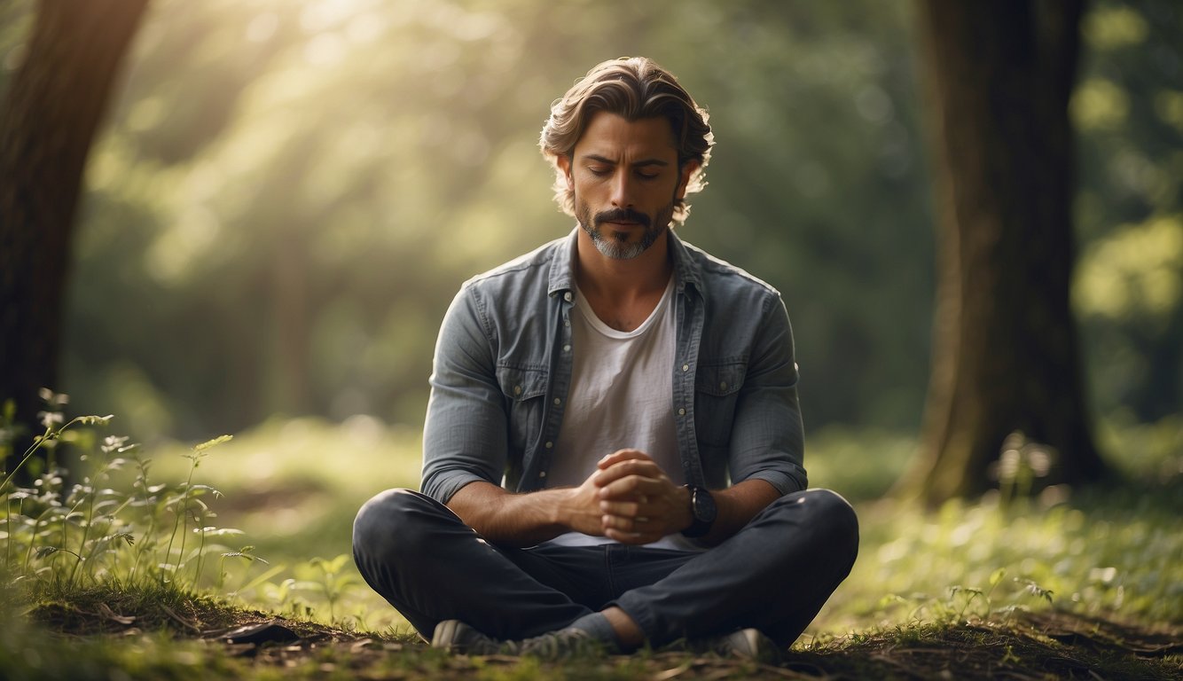 A serene figure sitting cross-legged, surrounded by nature, inhaling deeply through the nose with a sense of calm and relaxation