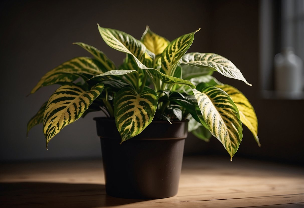 A dieffenbachia with yellowing leaves sits in a dimly lit room. Nearby, a spray bottle and a bag of well-draining soil offer potential solutions