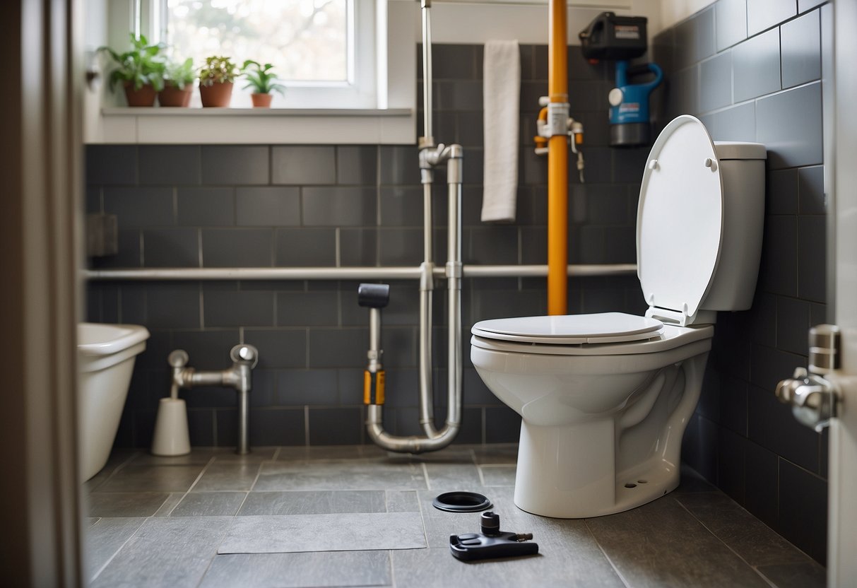 A plumber installs a high-efficiency toilet in a modern bathroom. Tools and parts are laid out nearby, and the old toilet sits ready for removal