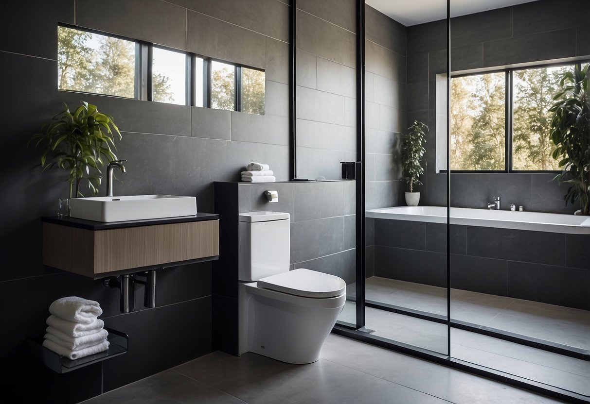 A modern bathroom with a sleek, high-efficiency toilet. Clean lines, minimalistic design, and a focus on water conservation