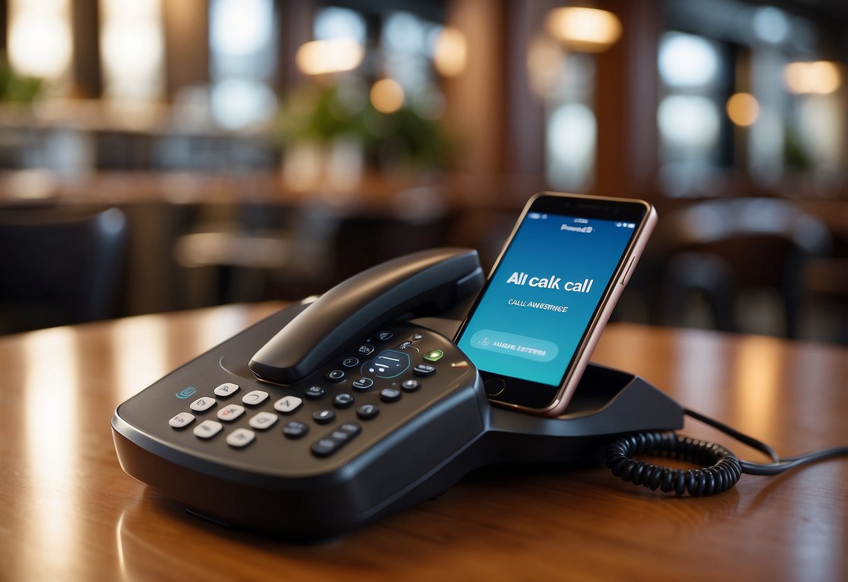 A phone on a restaurant counter rings. A digital display shows "AI Call Answering Service." A voice assistant logo is visible on the screen