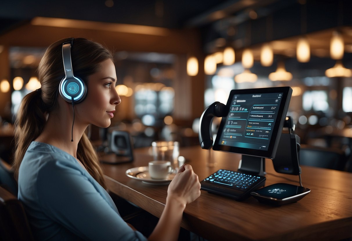 An AI phone system in a restaurant, with a virtual assistant answering calls. The technology includes voice recognition and natural language processing for seamless communication