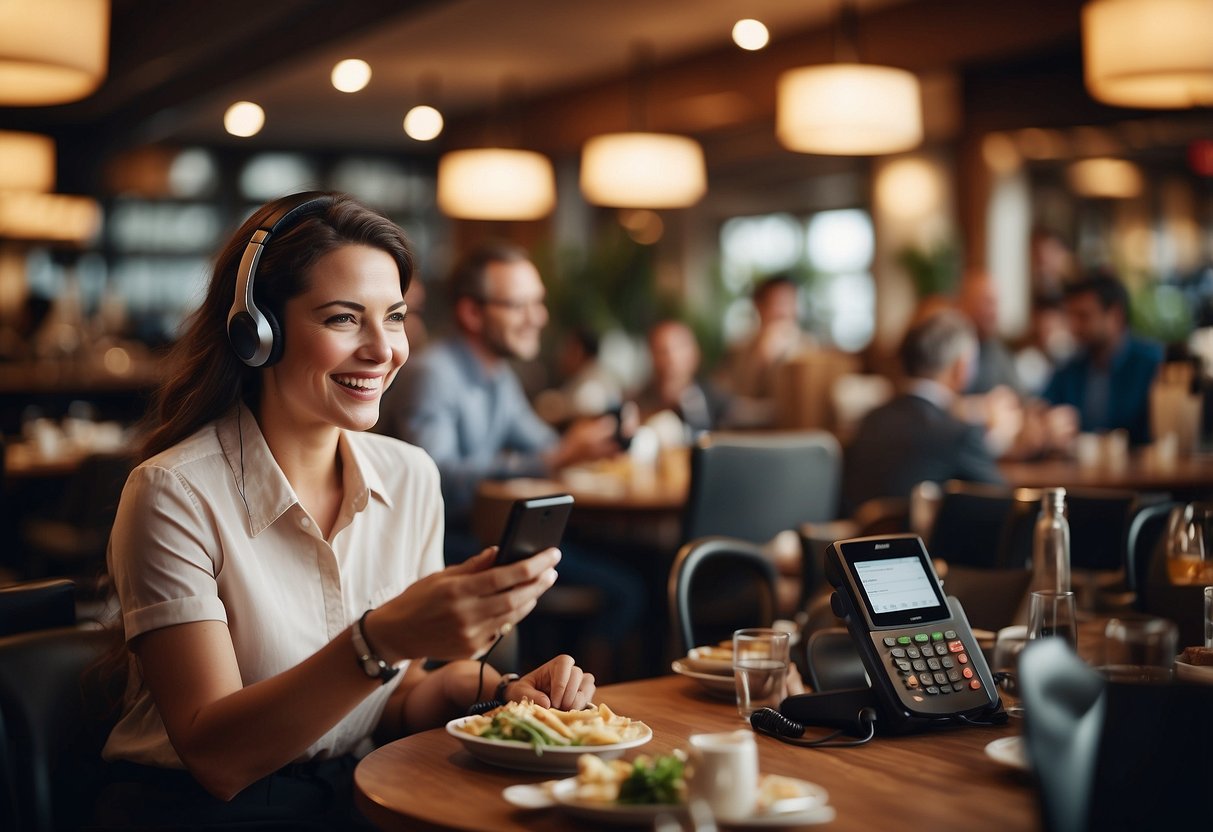 A busy restaurant with ringing phones, AI call answering system in action, and satisfied customers enjoying their meals