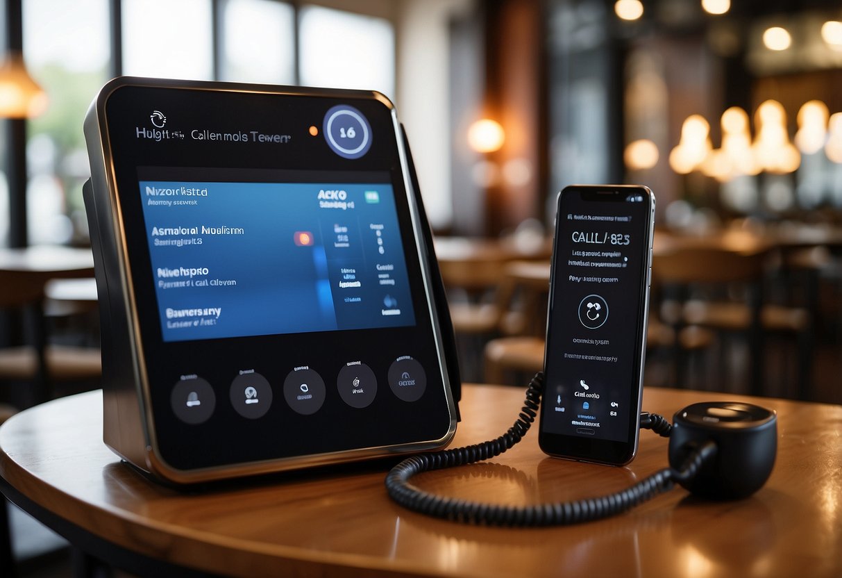 An AI call answering system in a restaurant setting, with a phone ringing, a digital display showing caller information, and a virtual assistant responding to a customer inquiry