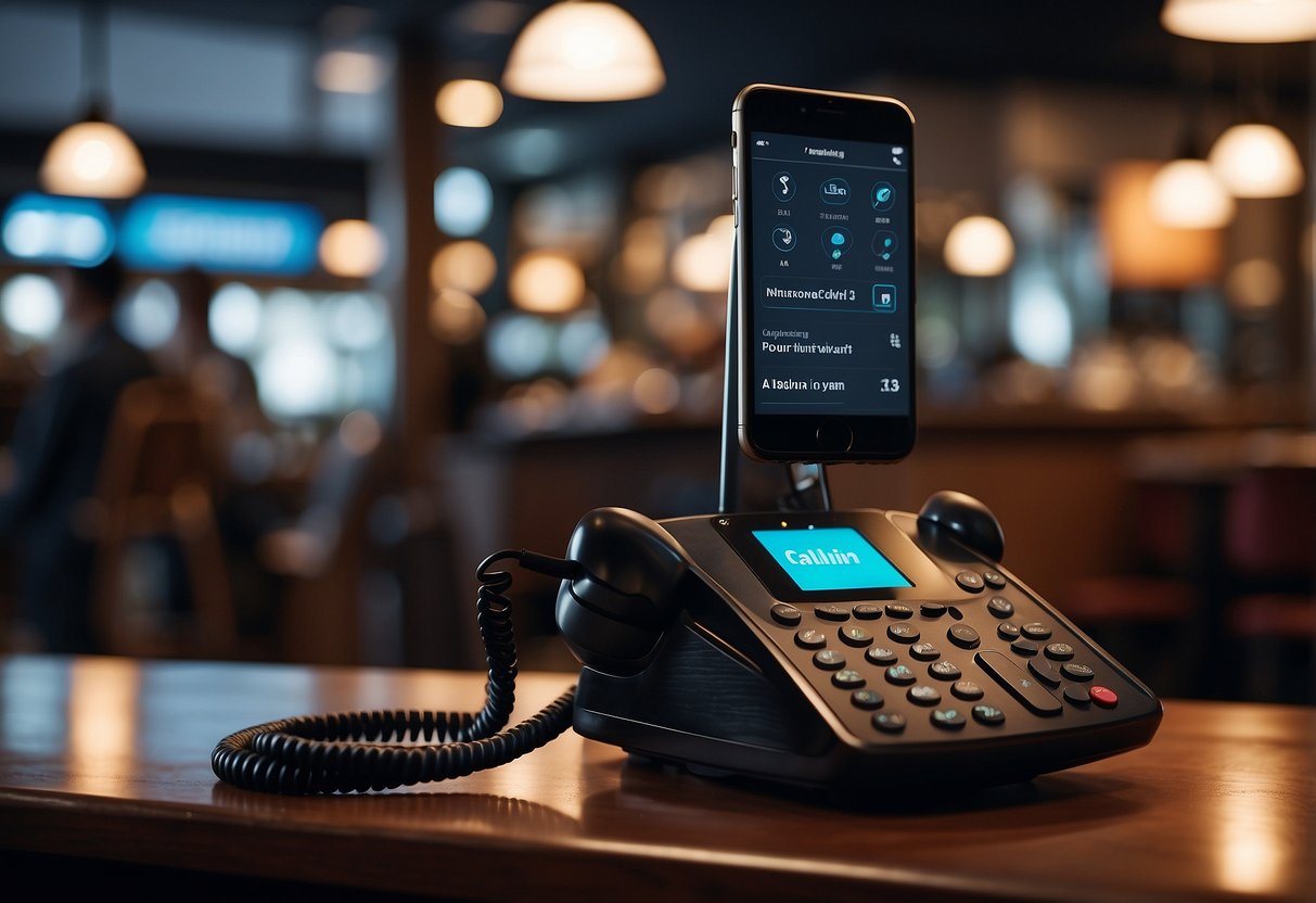 A bustling restaurant with a phone ringing off the hook, while a digital display showcases the Callin.io AI call answering service in action