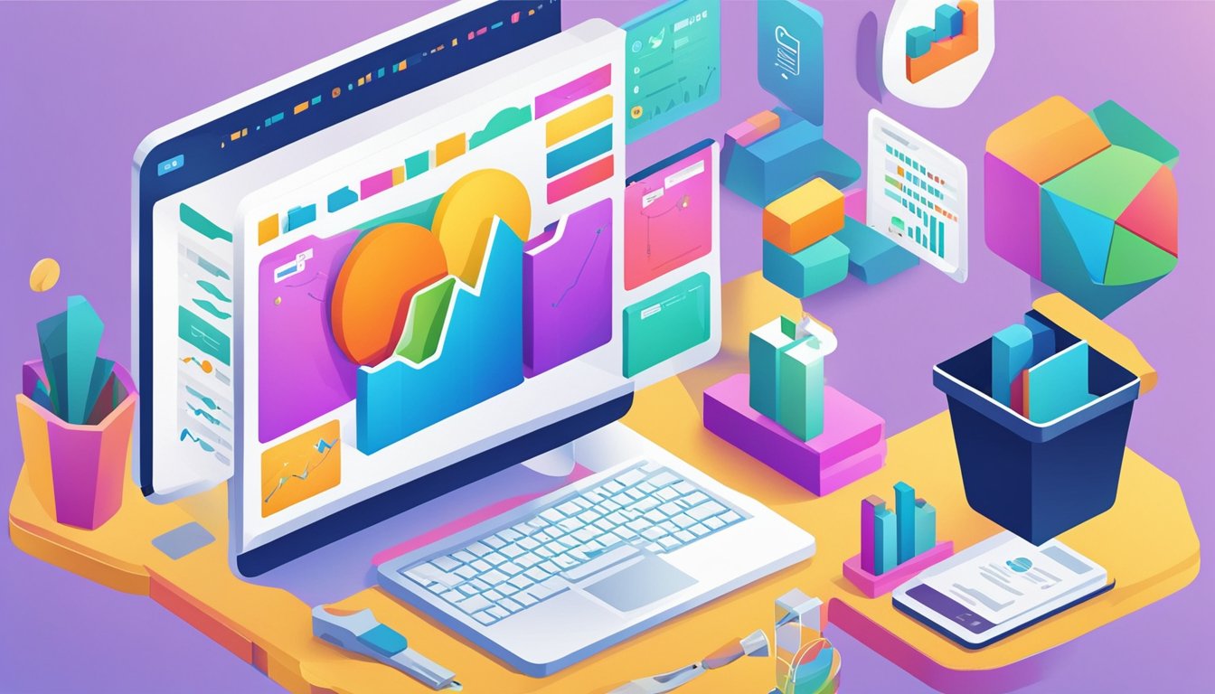 A computer screen displaying Serpstat's top 10 SEO tools for small online retail businesses, with colorful graphs and data charts