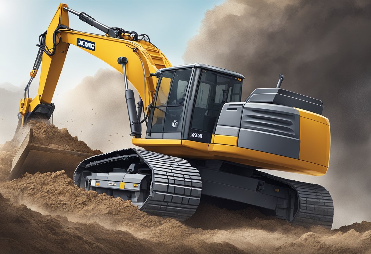 A construction site with the XCMG XE27E excavator in action, moving earth and debris with its powerful arm and bucket