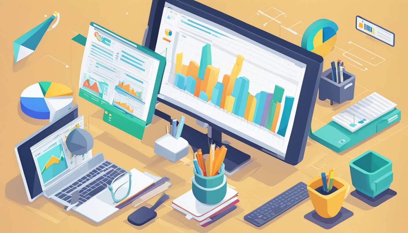 A computer screen displaying a blog post titled "Monitor Analytics 12 Essential SEO Tips for Beginner Bloggers" with a graph showing website traffic and a checklist of SEO tips