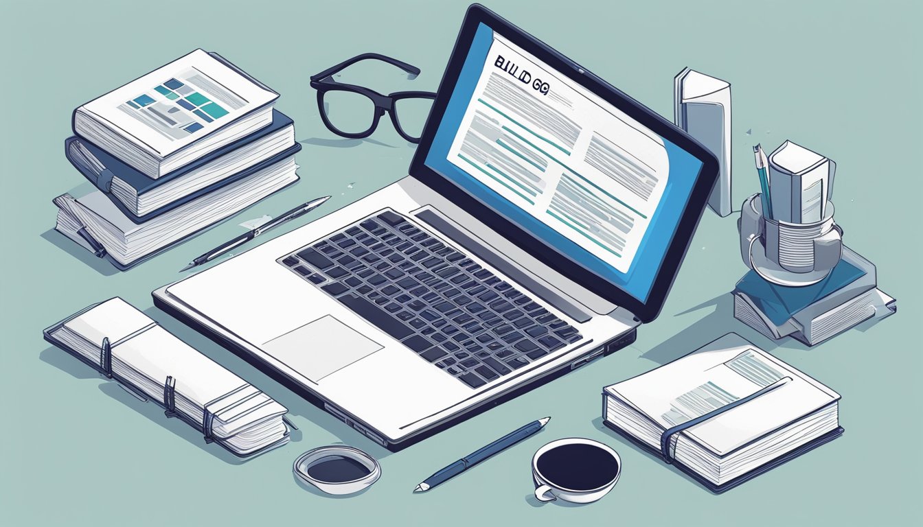 A laptop on a desk surrounded by SEO-related books, with a notepad and pen next to it.</p><p>The screen displays a blog post titled "Build Backlinks: 12 Essential SEO Tips for Beginner Bloggers."