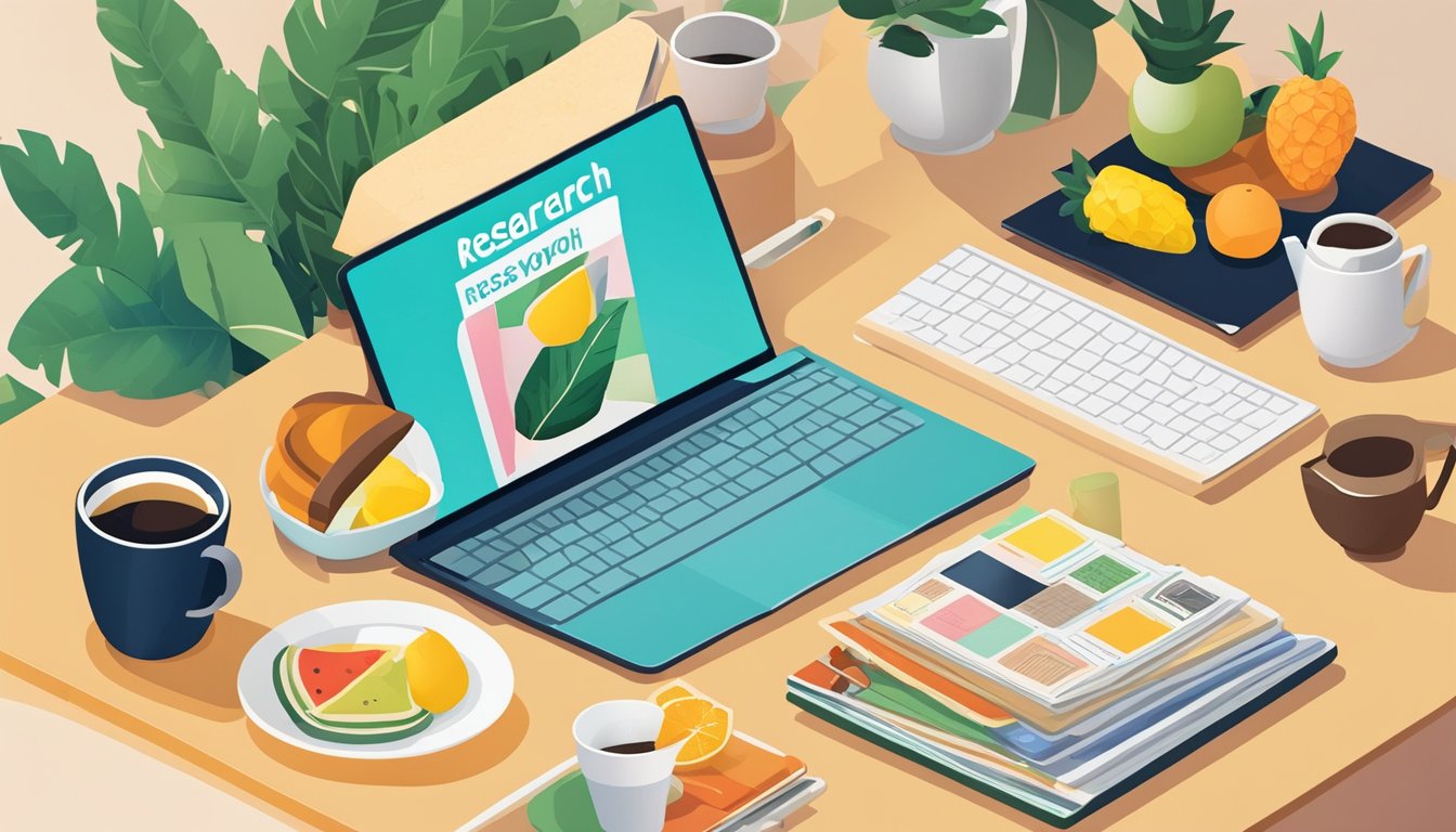 A table with a laptop, notebook, and food magazines.</p><p>A cup of coffee and a plate of fruits are nearby.</p><p>The screen displays "11 Must-Have Keyword Research Tools for Food Bloggers."