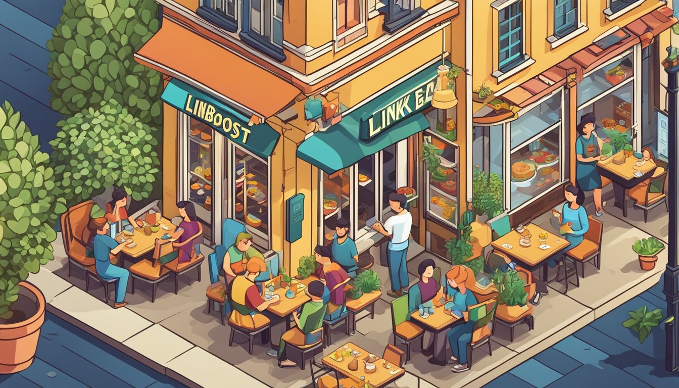 A cozy local restaurant with a sign reading "LinkBoost4Eateries" and a vibrant atmosphere, with people enjoying their meals and engaging with the staff