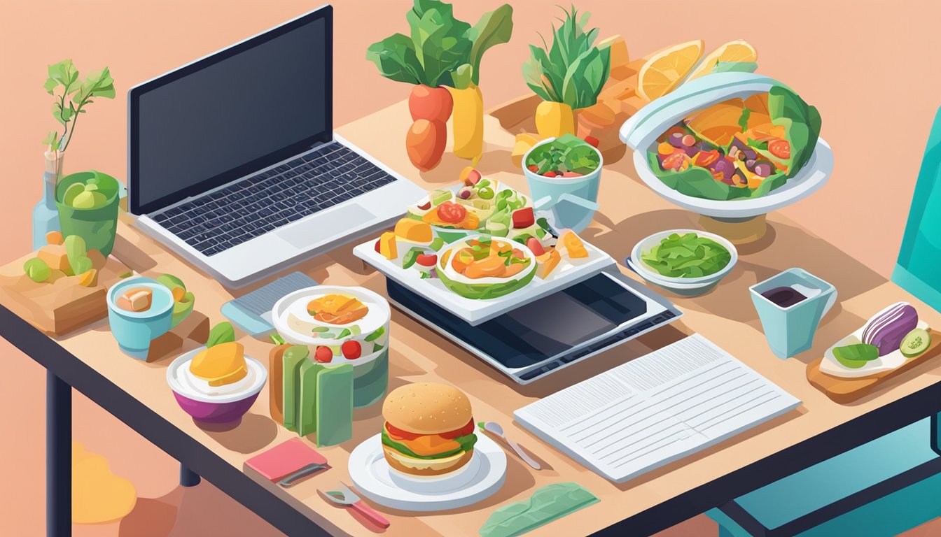 A table with a laptop, notebook, and various food items.</p><p>Keywords like "recipes," "food trends," and "nutrition" displayed on the screen