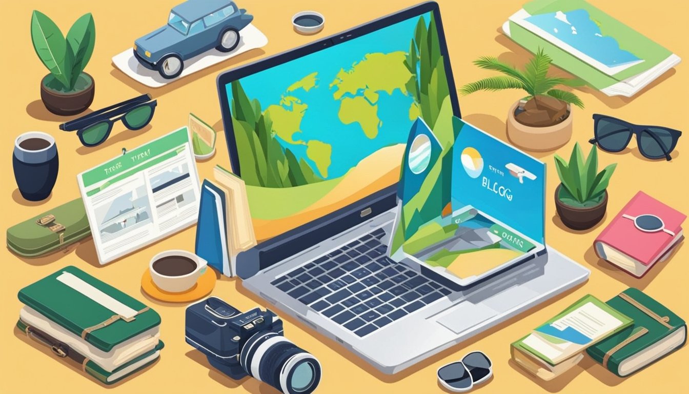 A laptop with a travel blog open, surrounded by travel-related items like a passport, map, camera, and sunglasses on a wooden table