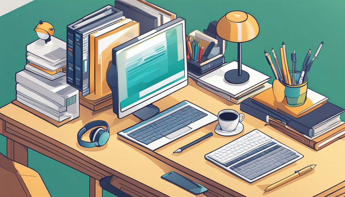 A desk with a computer, notebook, and pen.</p><p>SEO tools displayed on the screen.</p><p>Coffee mug and headphones nearby.</p><p>Bright, natural lighting