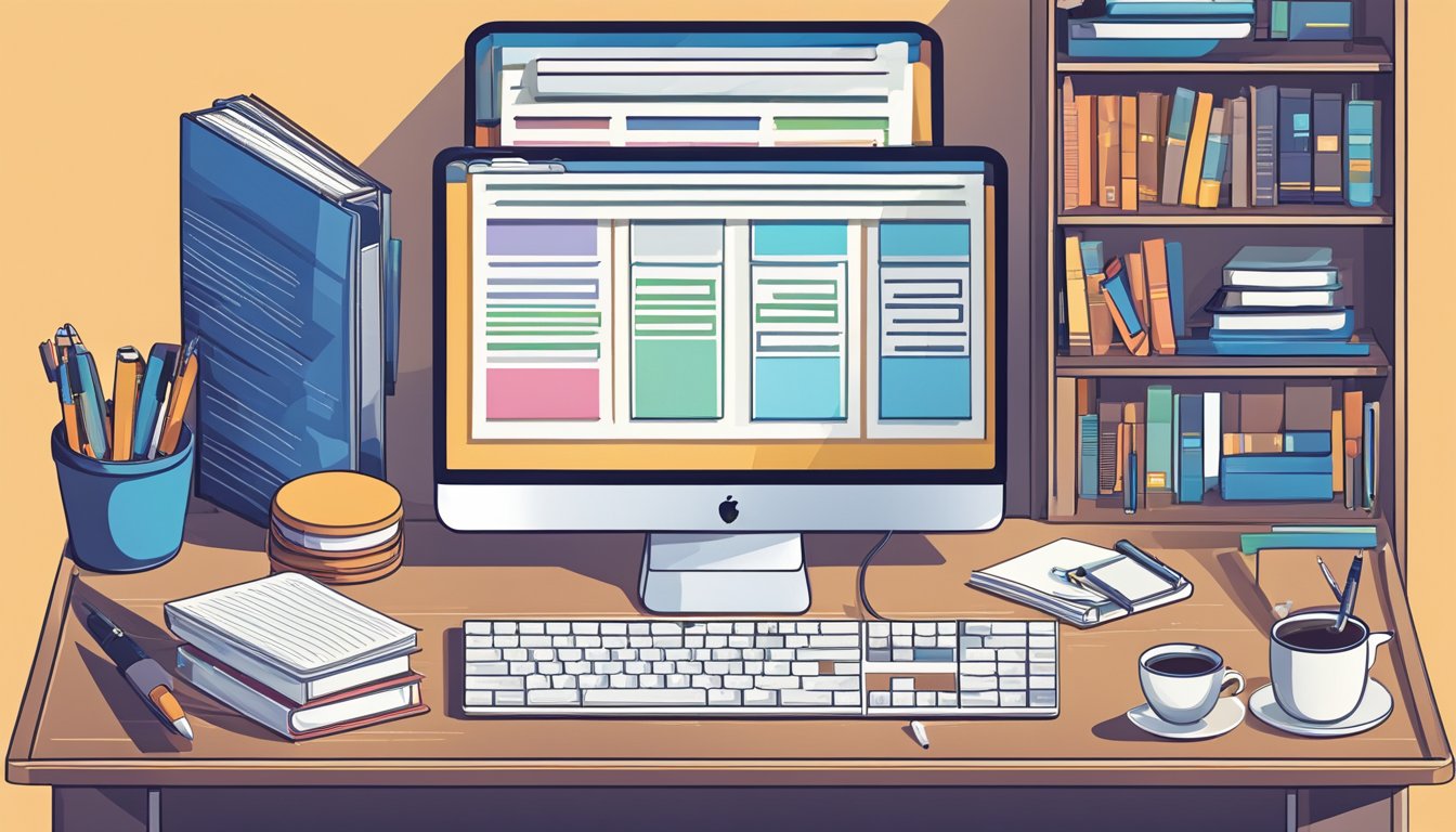 A desk with a computer, notebook, and pen.</p><p>A stack of books on SEO.</p><p>A laptop open to a webpage with SEO tools.</p><p>A calm, focused atmosphere