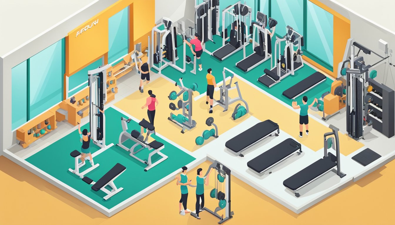 A local gym with modern equipment, bright and clean interior, friendly staff assisting clients, prominent signage, and a steady flow of customers